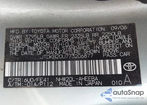 2007 Toyota Prius from USA, damaged, VIN JTDKB20U773206877